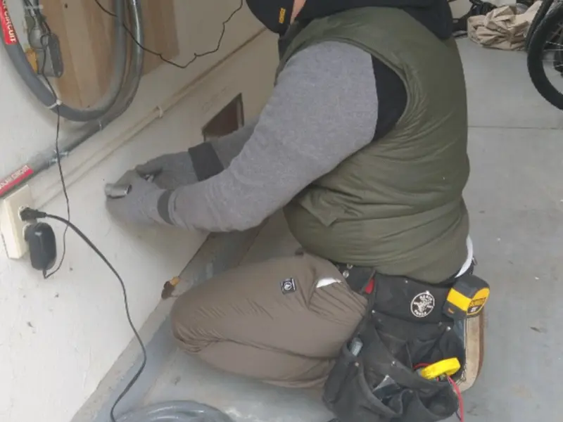 Electrician performing outlet wiring in a Placerville garage
